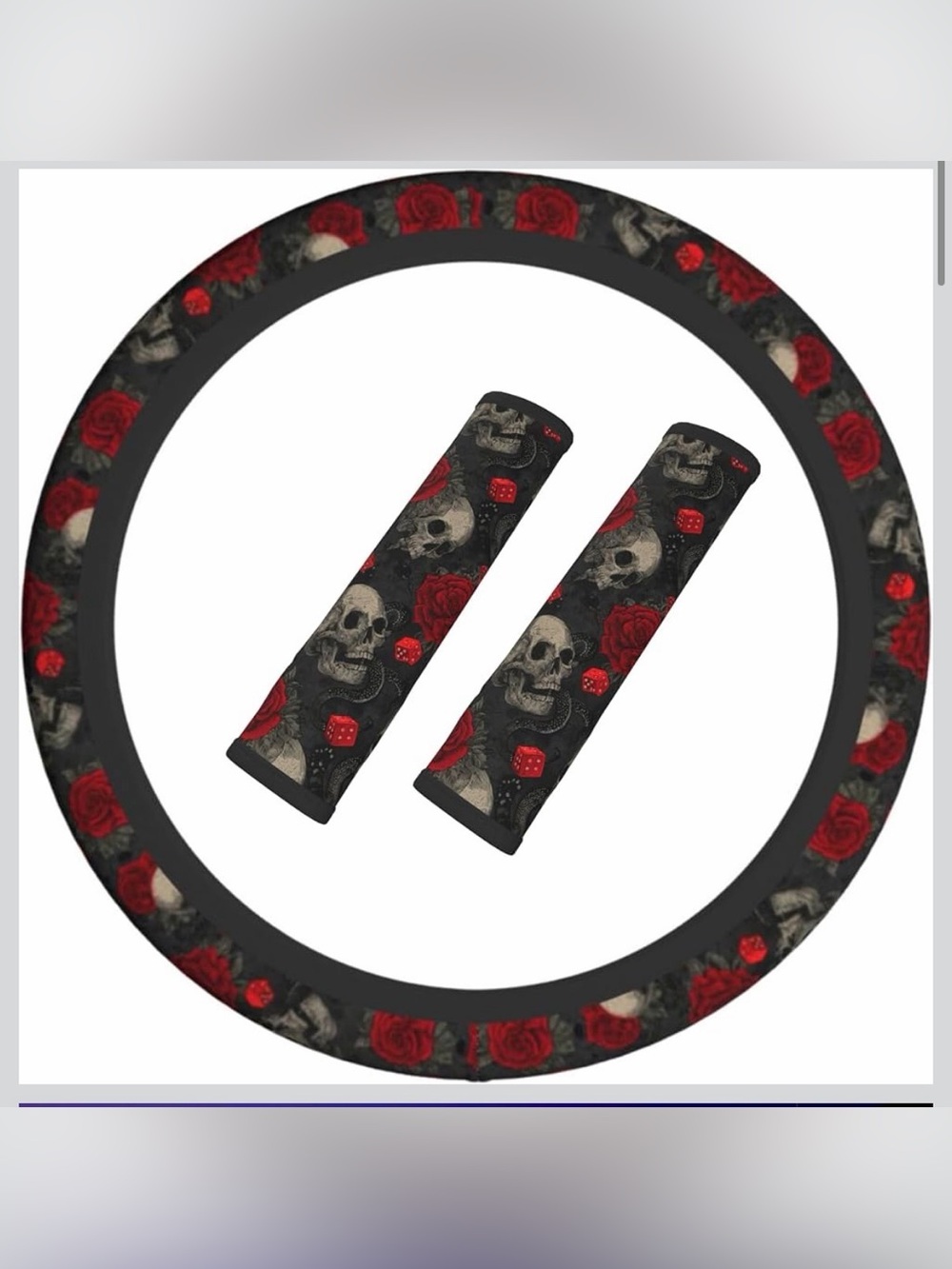 Skull & Rose Steering Wheel Cover and Seat Belt Pads Set - Black & Red